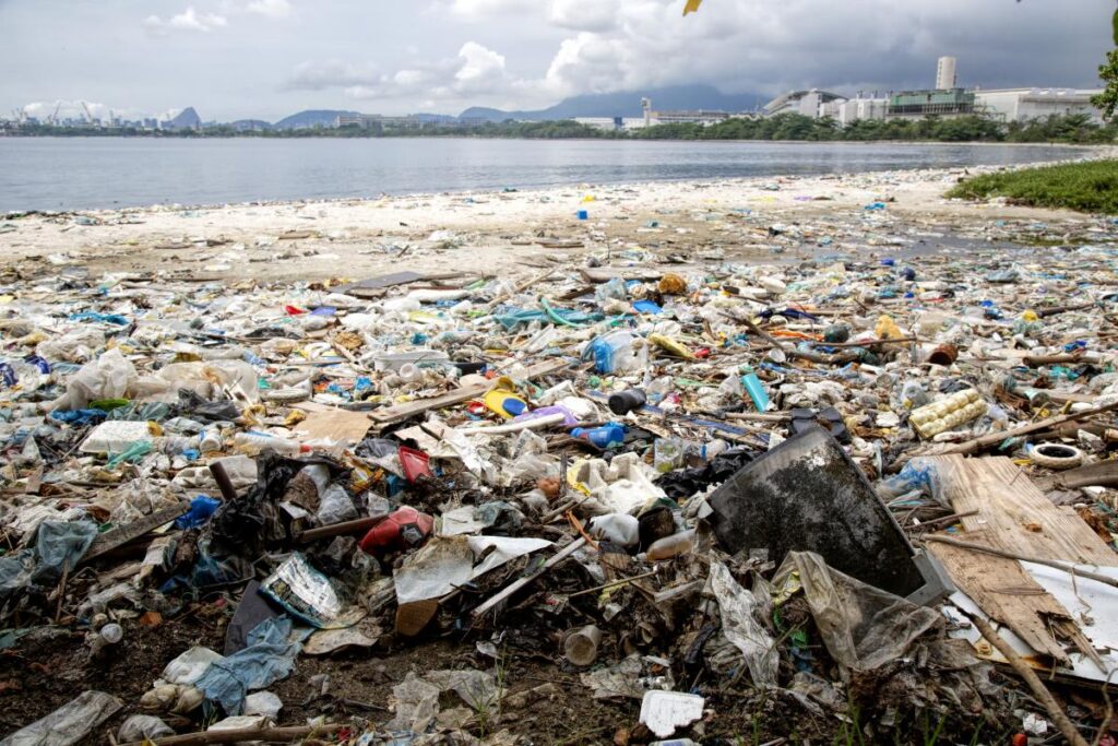 plastic littered beach