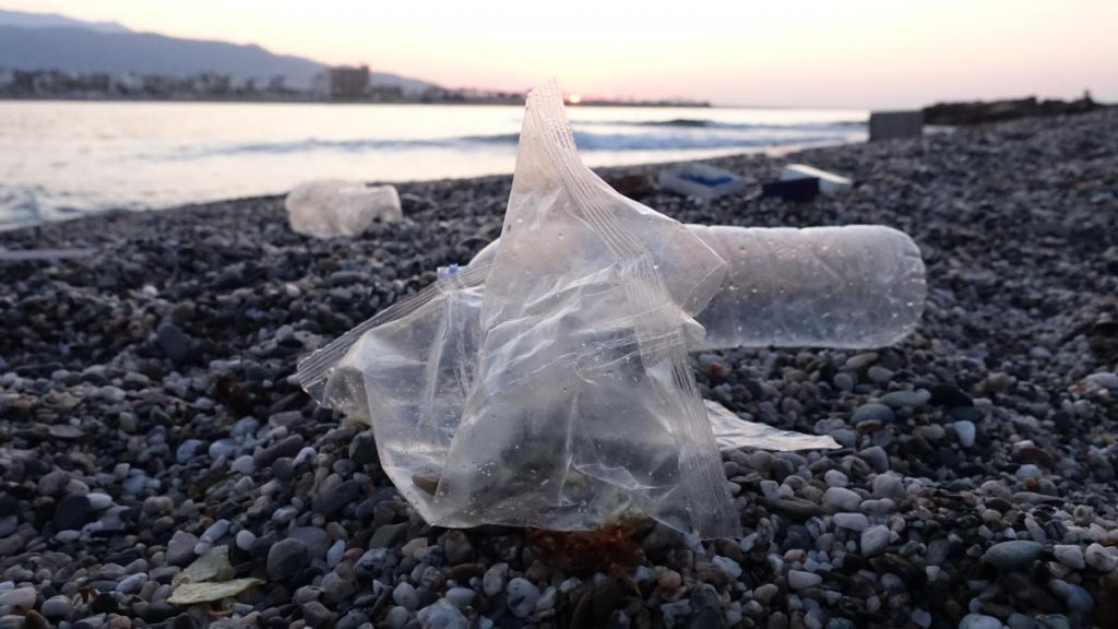 Plastic bag sitting on littered beach