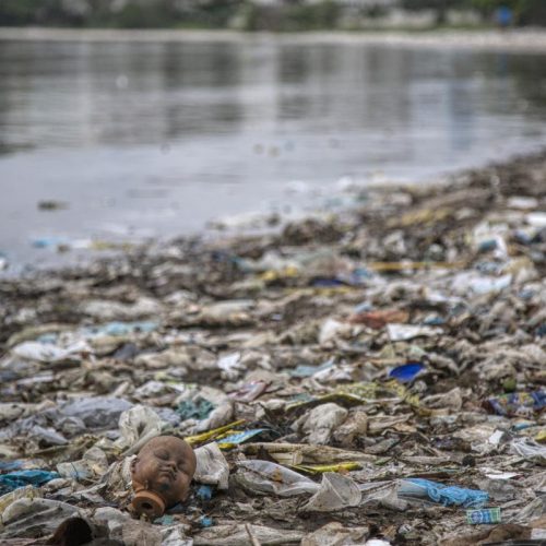 plastic littered beach